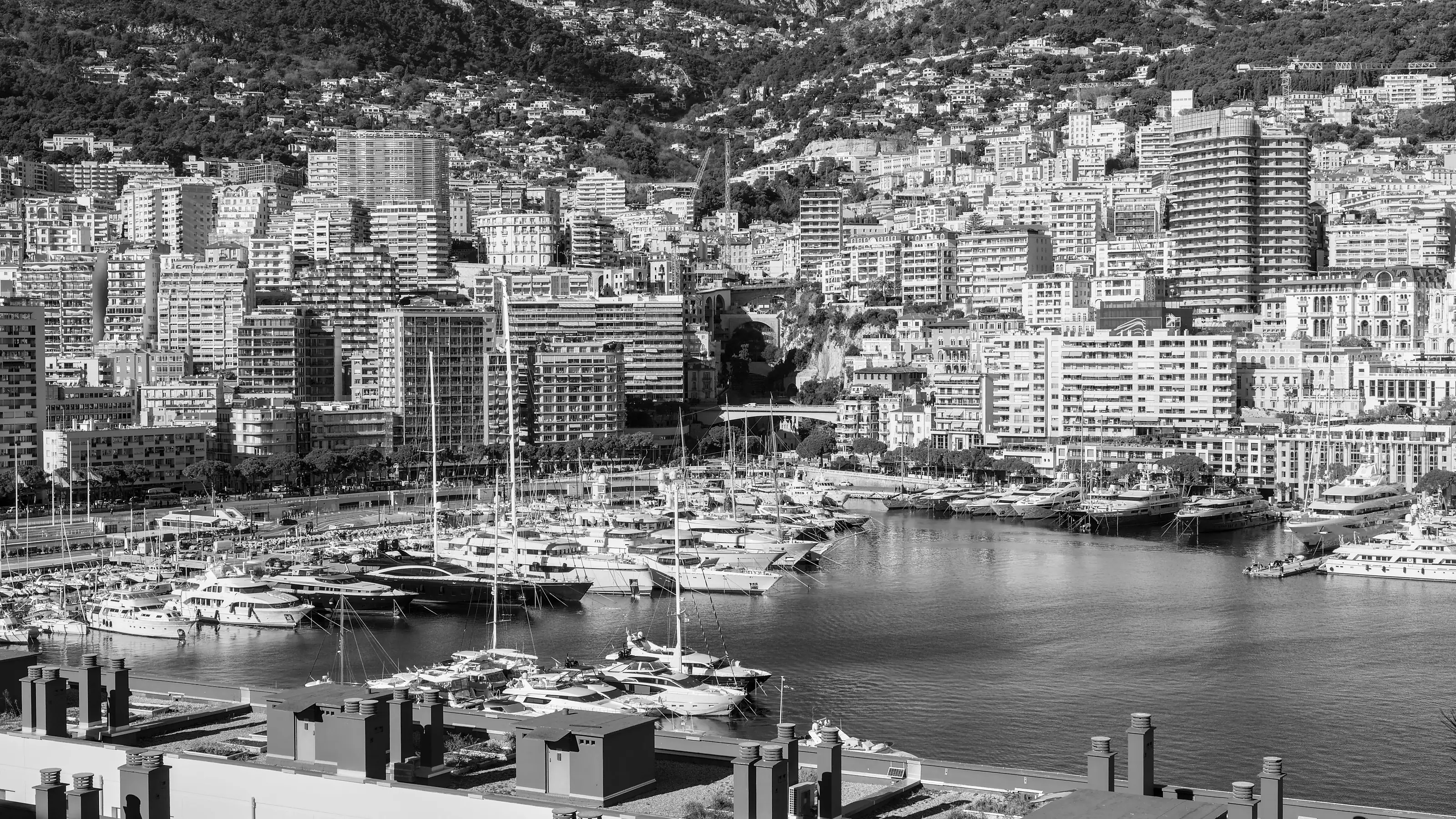 Black and white: the harbour of Monaco full of yachts, the buildings of Monte-Carlo rising up the hillside behind it.