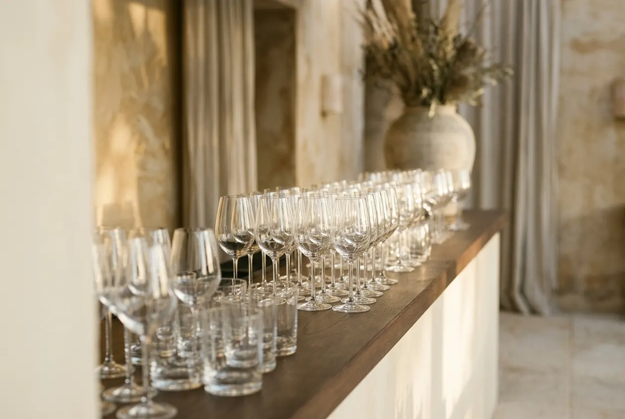 Glasses lined up along a wooden counter in an empty room, before anyone arrives.