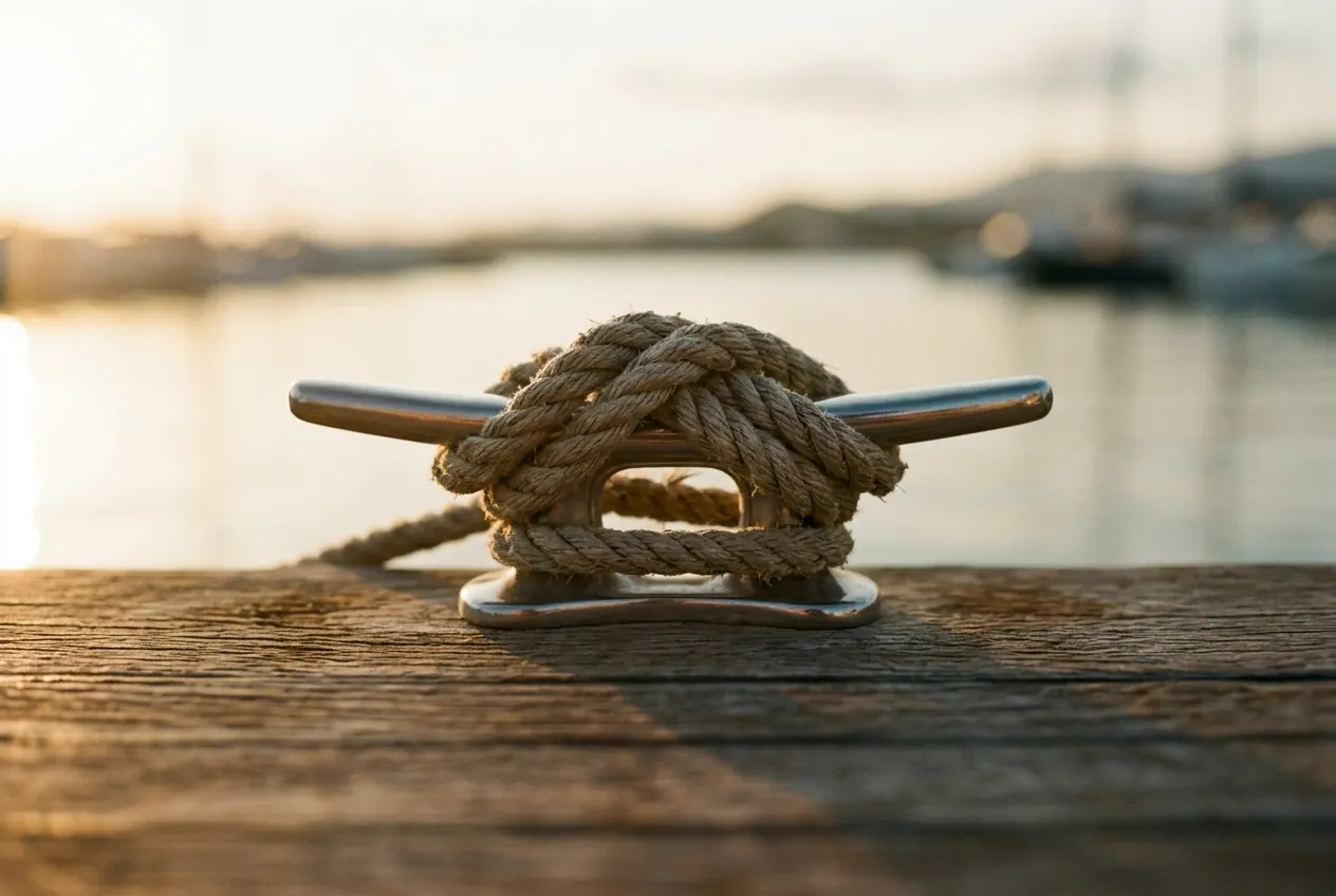 A mooring line coiled around a cleat on a wooden quay, the harbour out of focus at sunset.