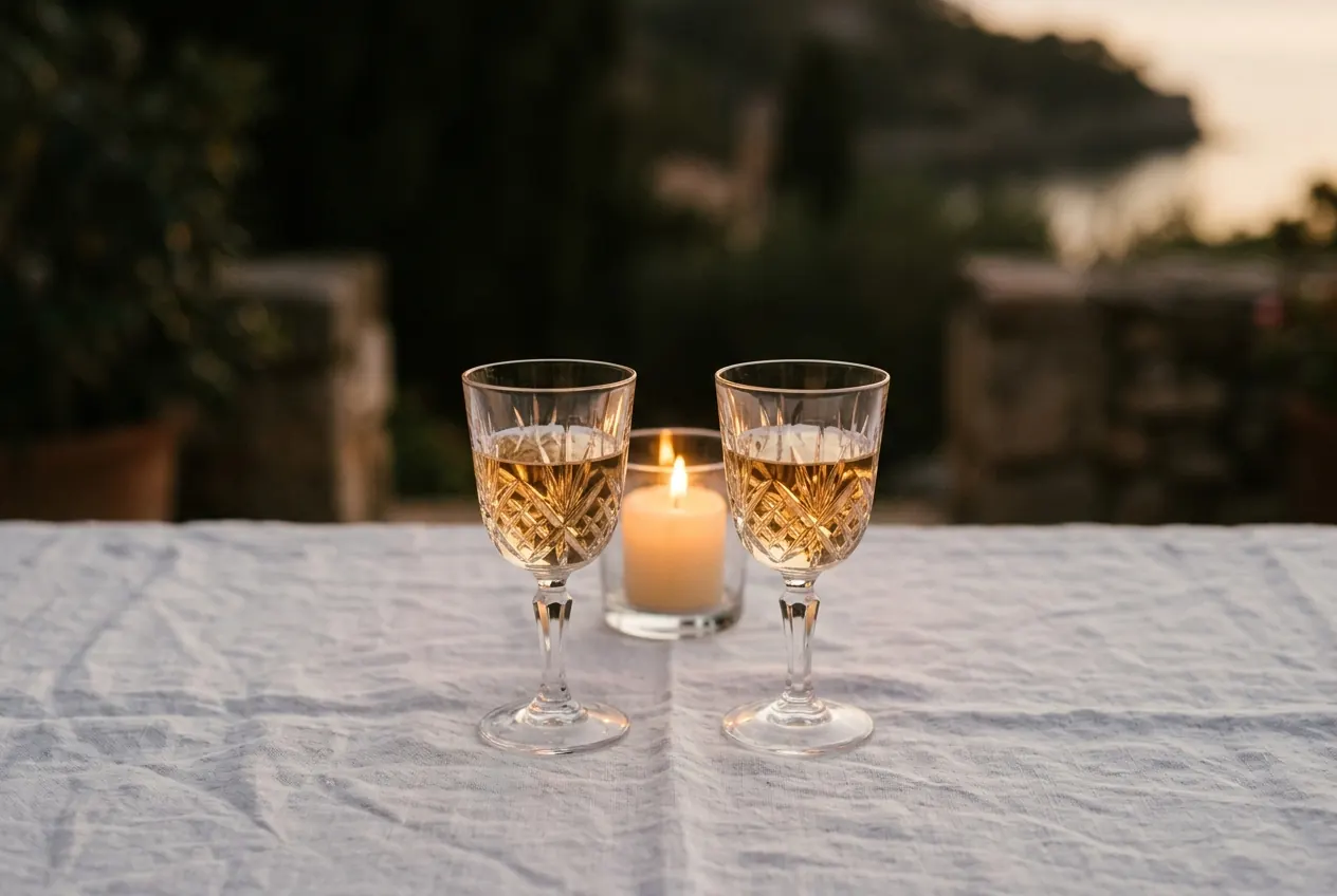 Two crystal glasses and a single candle on linen, the coast darkening behind.