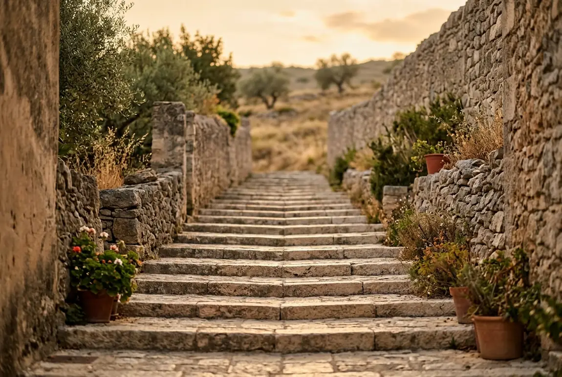Worn stone steps climbing between old walls and terracotta pots in golden light.