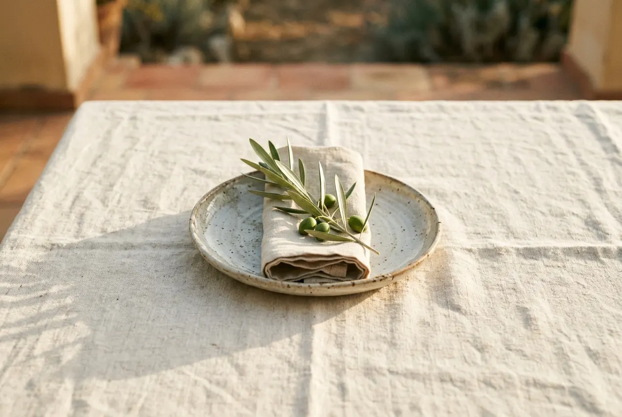 A linen napkin and an olive branch on a hand-thrown plate, in warm afternoon light.