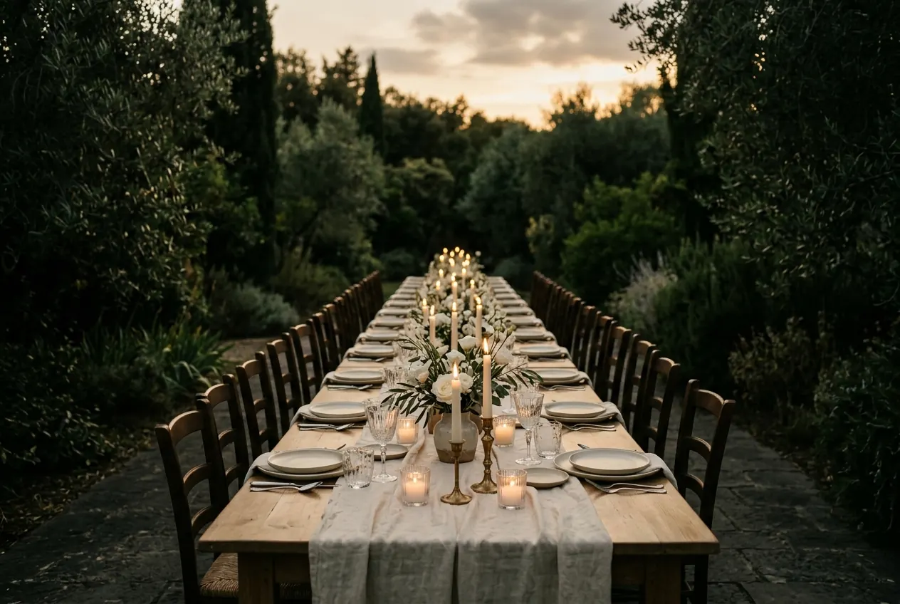 A long table set for dinner in a garden at dusk, candles lit down its length.