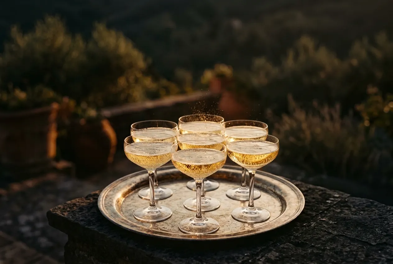 Champagne coupes on a silver tray on a stone parapet, a garden fading behind.