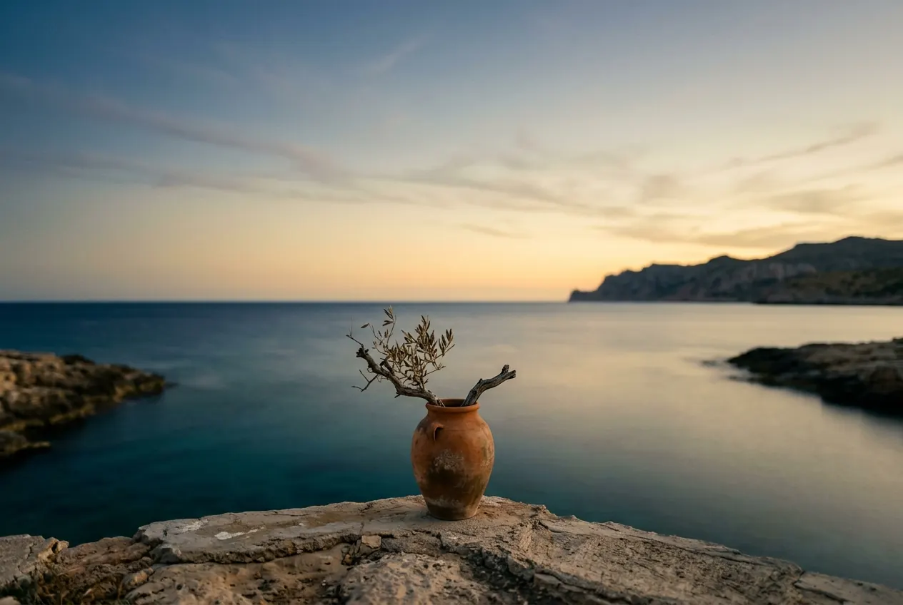 A terracotta urn with an olive branch on a rock ledge above a quiet cove at dusk.