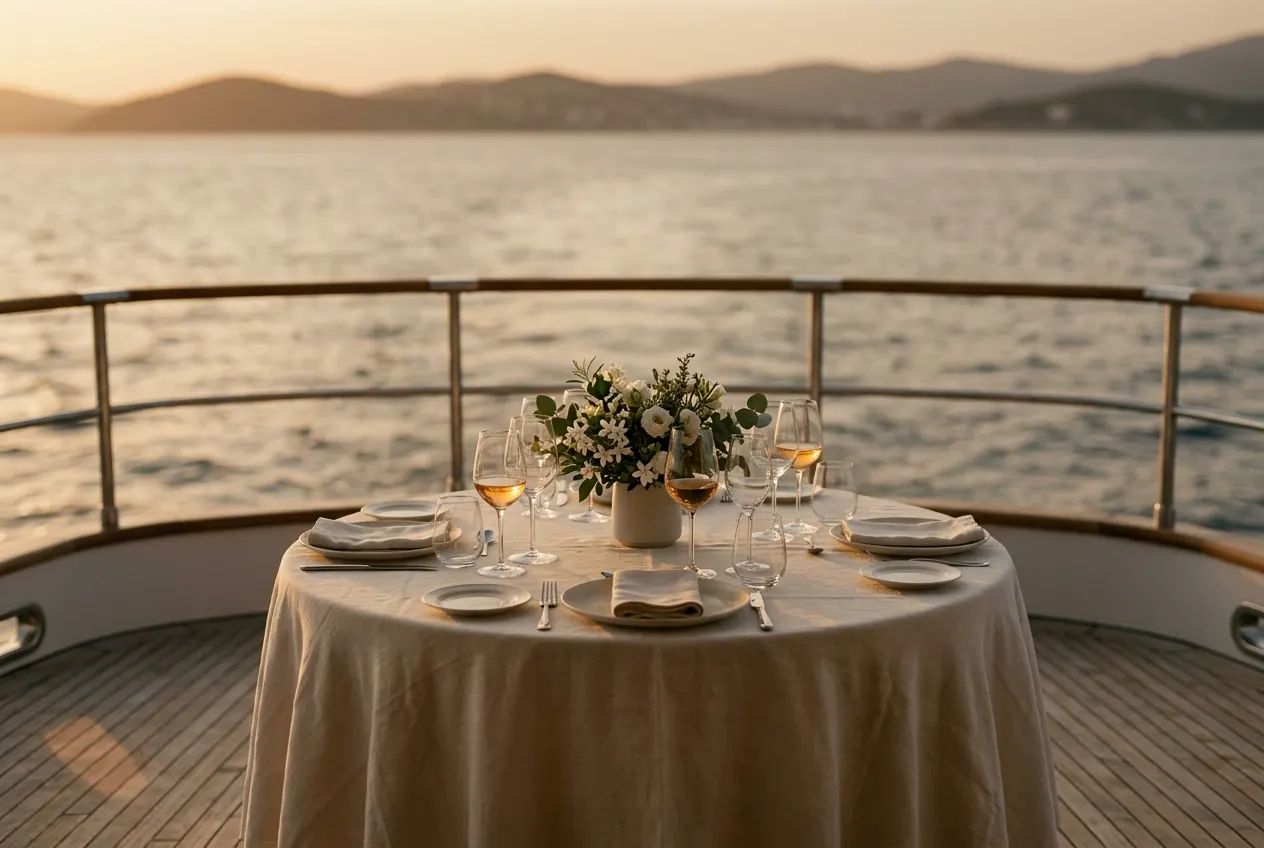 A table dressed in linen on the aft deck of a boat at sunset, the coast in the distance.